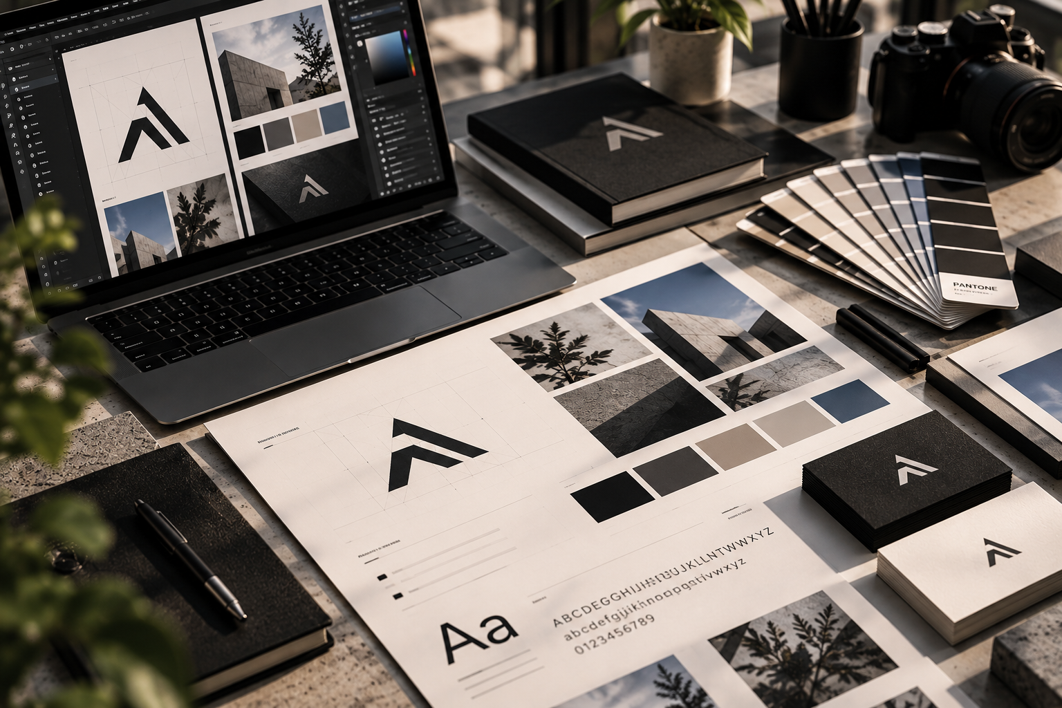 Branding-Konzept mit Logo, Farbpalette, Typografie und Geschäftsausstattung